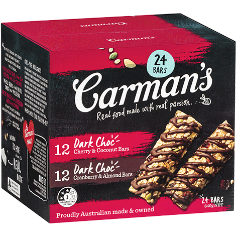 24 Mixed Bars – 12 x Dark Choc Cherry & Coconut 12 x Dark Choc Cranberry & Almond