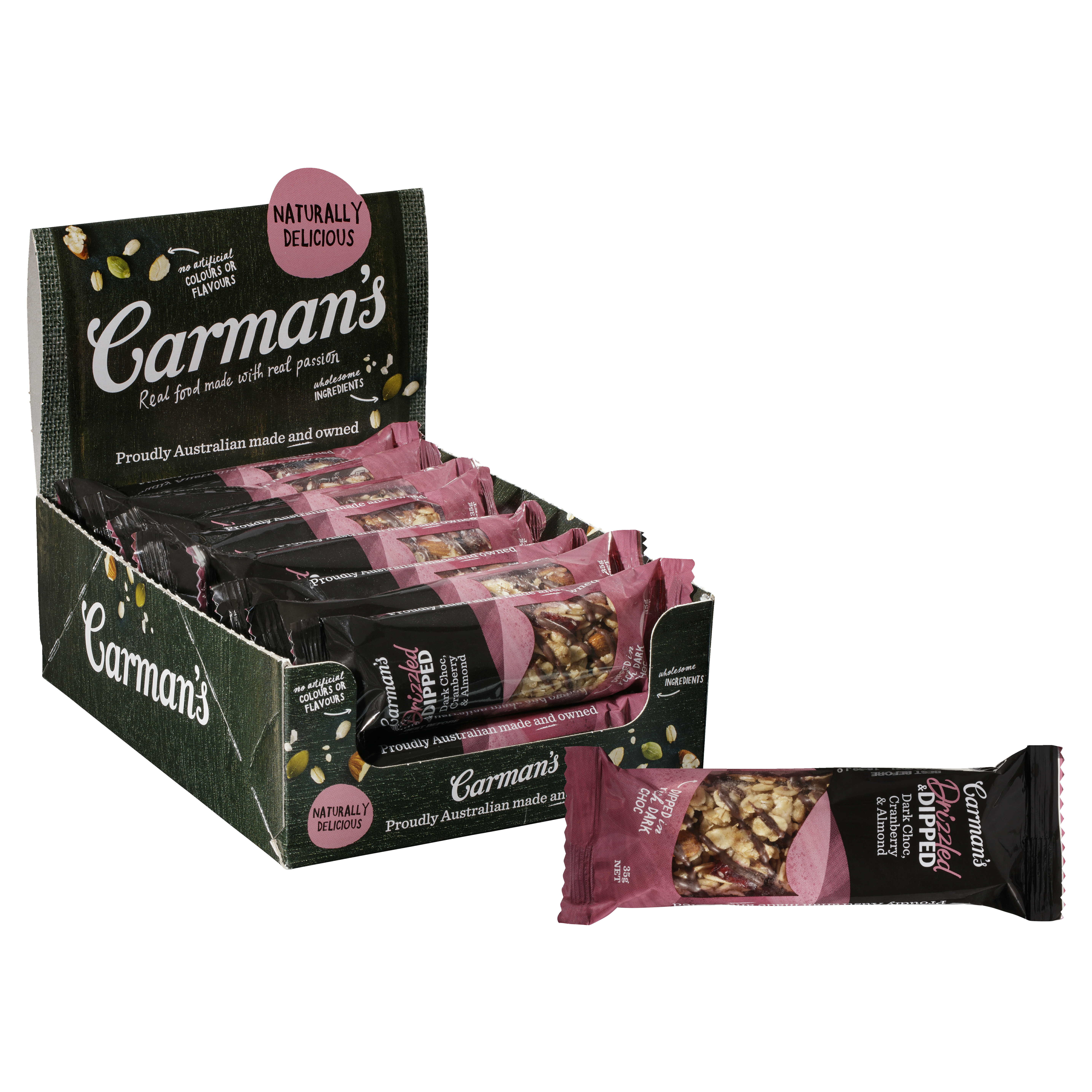 Drizzled & Dipped Dark Choc, Cranberry & Almond Bars 16 x 45g