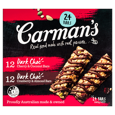24 Mixed Bars – 12 x Dark Choc Cherry & Coconut 12 x Dark Choc Cranberry & Almond